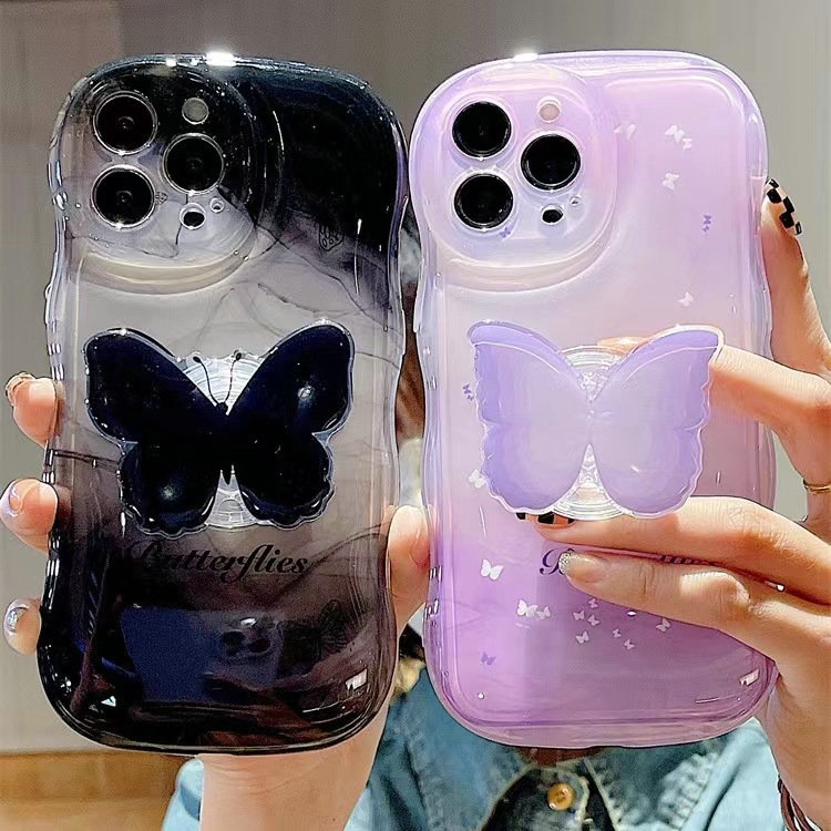 BLD| เคส สำหรับ Samsung Galaxy J7 Prime A05 A05S A15 A25 A35 A55 S20 S21 S22 S23 S24 FE Ultra Plus Soft Glossy Halo dyeing Black Purple Butterfly Wave Edge Case With Holder