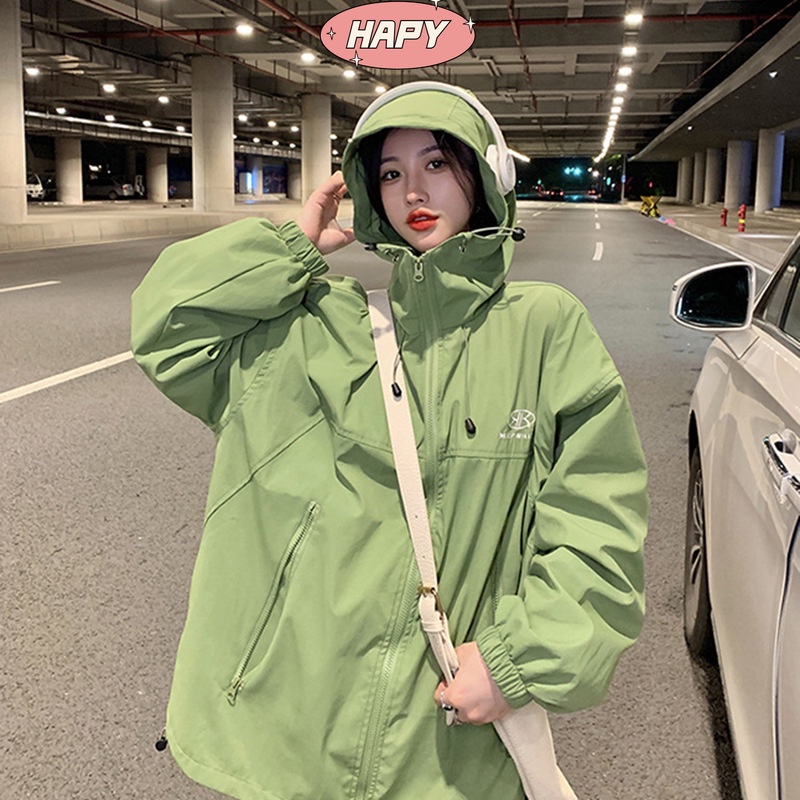 HAPY เสื้อแจ็กเก็ตแขนยาว มีฮู้ด ทรงหลวม สีเขียว แฟชั่นฤดูใบไม้ร่วง สไตล์เกาหลี ฮาราจูกุ สําหรับผู้หญิง