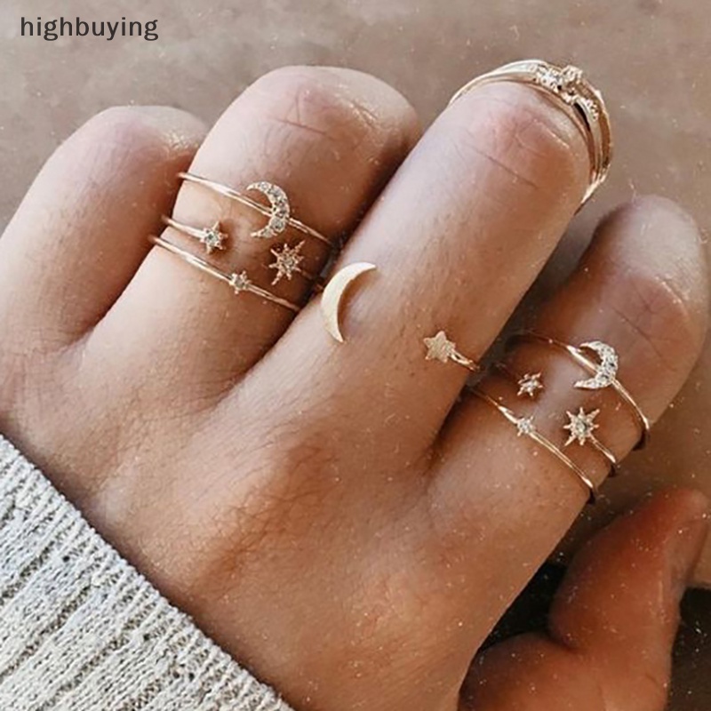 [highbuying] แหวนแฟชั่น รูปดาว ดวงจันทร์ ใบไม้ ประดับมุก สีทอง สไตล์วินเทจ 10 ชิ้น