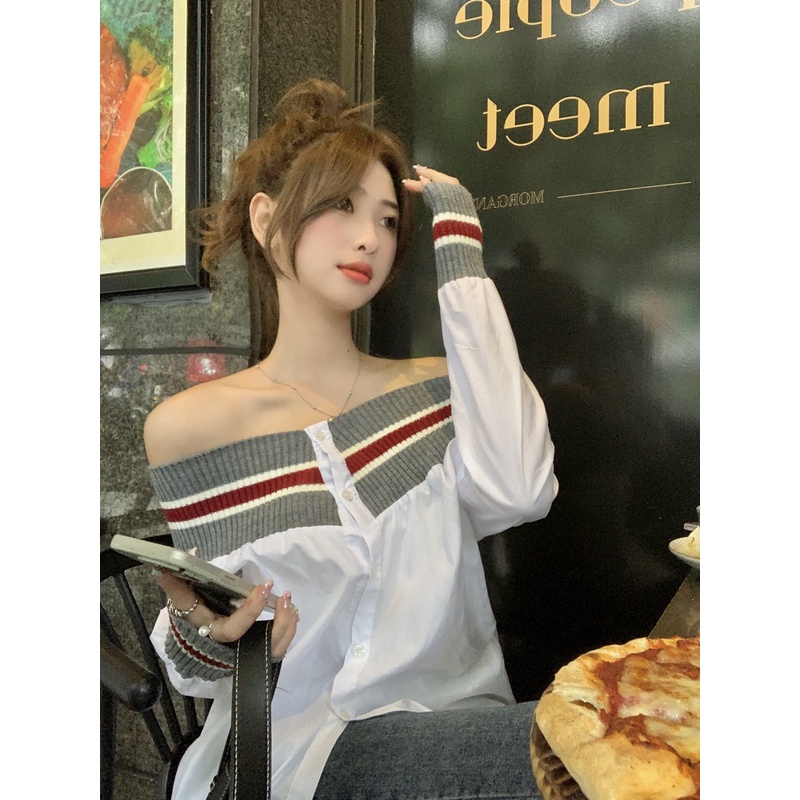 Suxi ฤดูใบไม้ร่วง / ฤดูหนาว สไตล์เกาหลี ลําลอง แฟชั่น ลายทาง ปิดไหล่ เสื้อเชิ้ตแขนยาว ผู้หญิง เสื้อ