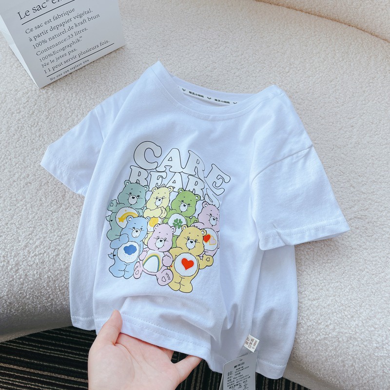 หมีแคร์แบร์，Care Bears เสื้อยืดแขนสั้น ผ้าฝ้ายแท้ ลายการ์ตูนน่ารัก สําหรับเด็กผู้ชาย และเด็กผู้หญิง