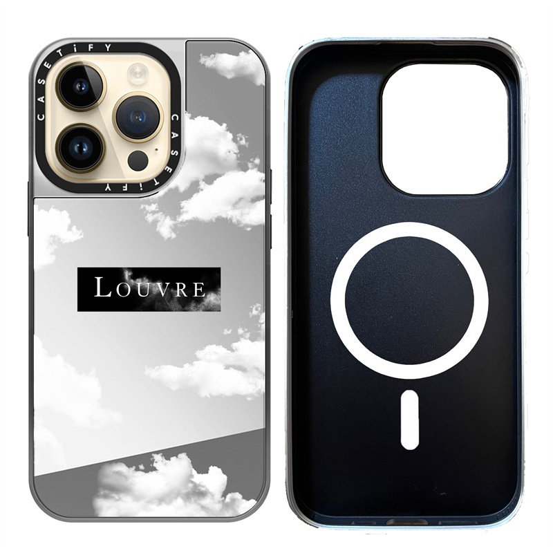 Casetify X Louvre Nuage เคสโทรศัพท์มือถือแบบแข็ง ผิวด้าน ผิวด้าน กระจกสีเงิน และสีดํา พร้อมกล่อง ลายโลโก้ สําหรับ IPhone 15 14 13 12 Pro Max Plus