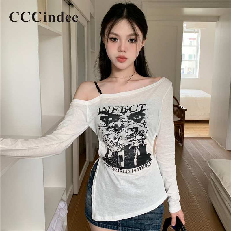 Cccindee เสื้อยืดซีทรู แขนยาว เปิดไหล่ เซ็กซี่ แฟชั่นใหม่ สําหรับผู้หญิง 2023