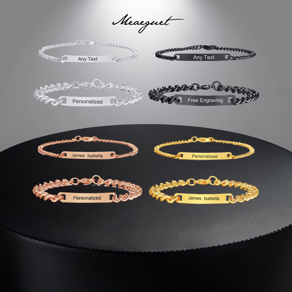 Meaeguet ฟรีแกะสลักสร้อยข้อมือคู่สร้อยข้อมือสแตนเลสทอง Sliver สร้อยข้อมือโซ่คิวบาของขวัญสําหรับผู้ชายผู้หญิง
