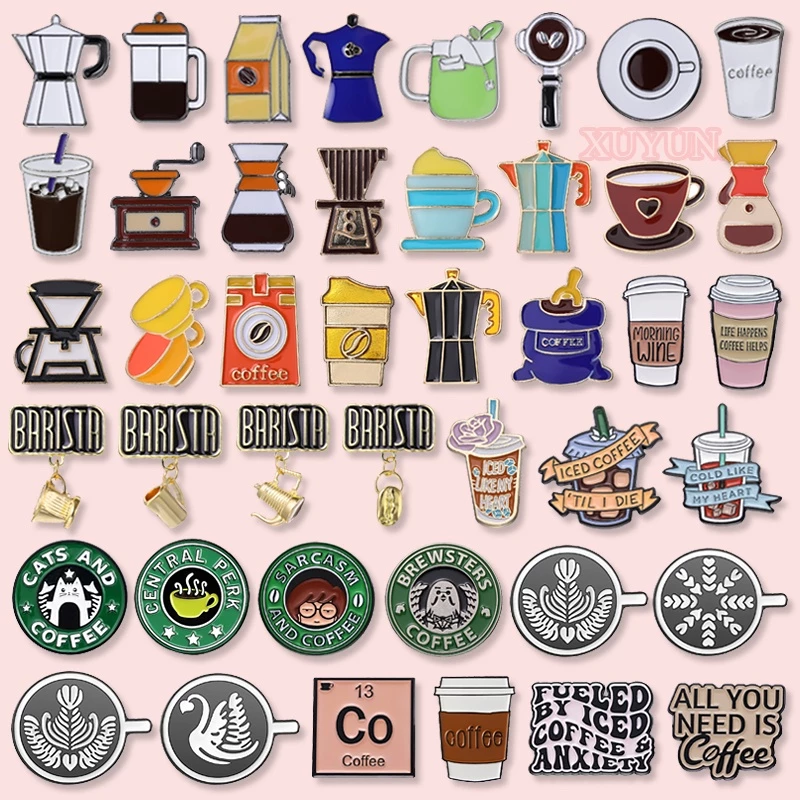 การ์ตูนกาแฟชุดเคลือบ หมุด กาแฟข้อความเข็มกลัดโลหะถ้วยป้ายอุปกรณ์เสื้อผ้าเครื่องประดับของขวัญสําหรับคนรักกาแฟ