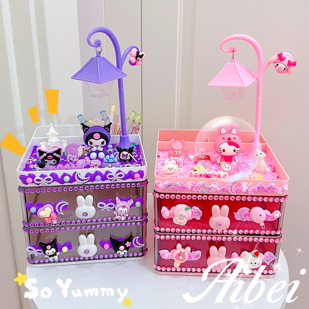 กล่องเก็บของที่ใส่ปากกาโคมไฟถนนหลายชั้นสไตล์ INS, กาวครีมแพคเกจวัสดุ DIY, สไตล์ลิ้นชักนักเรียนน่ารักทำด้วยมือ