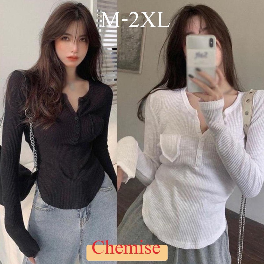KOKO 2595 ​​เสื้อแขนยาวผู้หญิงสีขาว เสื้อยืดรัดรูป คอวี กระดุมหน้าผ้าร่องสลาฟ แฟชั่นสไตล์เกาหลี