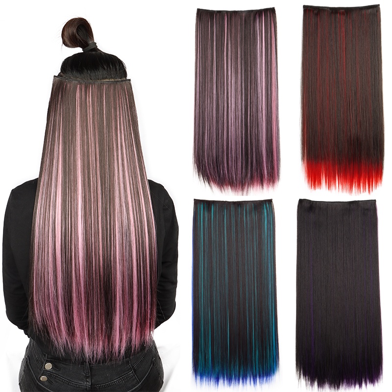 วิกผมยาวตรง สําหรับผู้หญิง ต่อผมสี 5 คลิป วิกผมสังเคราะห์ สีแดง สีฟ้า สีชมพู