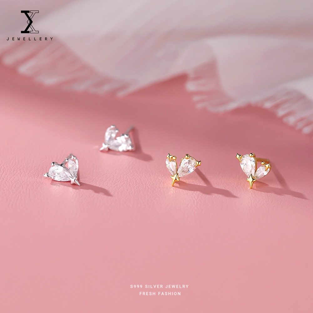 100% S999 เงินสเตอร์ลิงกระพริบเพชรรูปหัวใจ Star ต่างหูประณีตหวานแฟชั่น