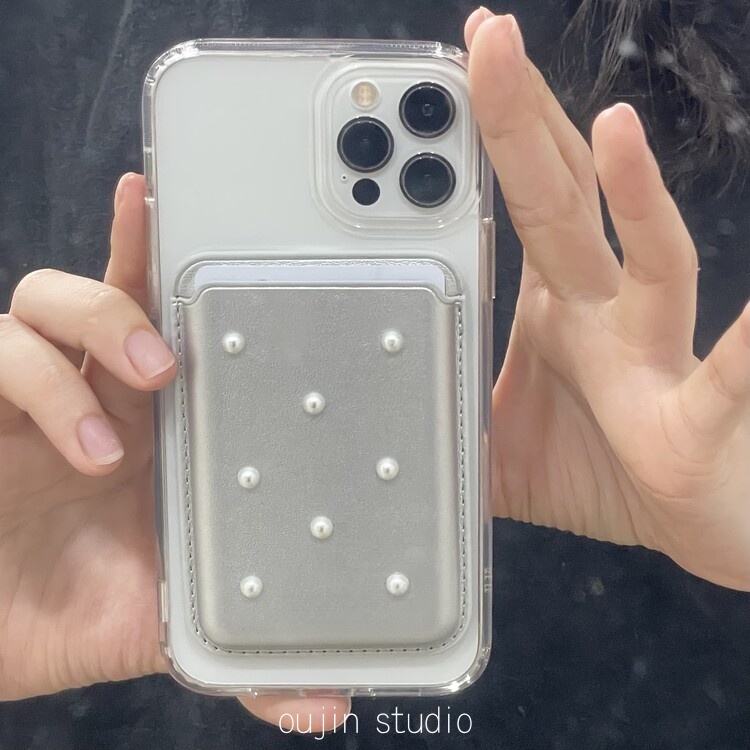 เคสโทรศัพท์มือถือหนัง แม่เหล็กไร้สาย ป้องกัน สีเงิน พร้อมช่องใส่บัตร สไตล์เกาหลี สําหรับ Iphone 15pro 14promax 13 12 11