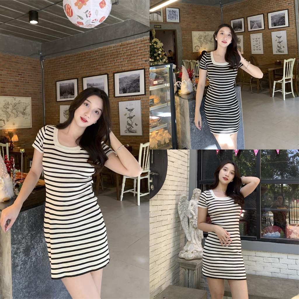 Aurora 🛒พร้อมส่ง🚚 ชุดเดรส ไหมพรม แขนสะเน ตามกระแส ดีเทลายทาง คอกลม คนท้องใส่ได้ ผ้าหนานุ่ม  88617