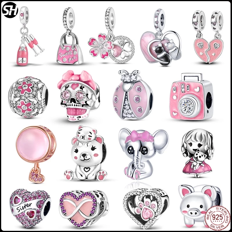 ใหม่ Charms สร้อยข้อมือ 925 จี้เงินสเตอร์ลิงคลิป evil eye gold letter stopper สีชมพู series Heart จี้ลูกปัด