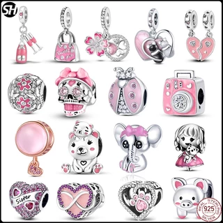 ใหม่ Charms สร้อยข้อมือ 925 จี้เงินสเตอร์ลิงคลิป evil eye gold letter stopper สีชมพู series Heart จี้ลูกปัด