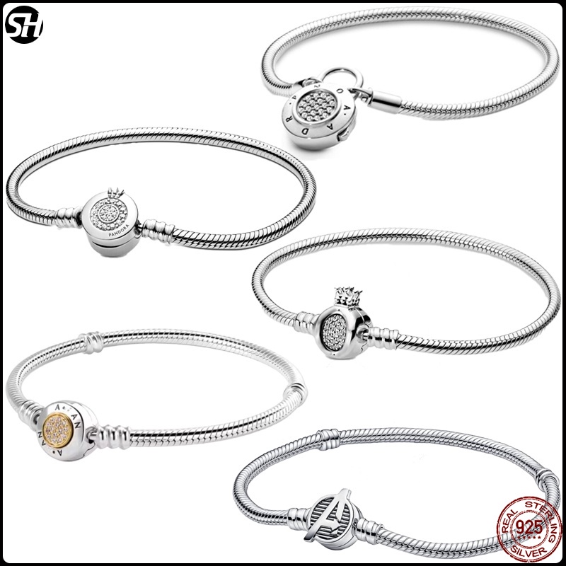 สร้อยข้อมือเงาล็อคลมงกุฎ สเตอร์ลิงซิลバーส925 พร้อมคริสตัล เหมาะสำหรับเป็นของขวัญ