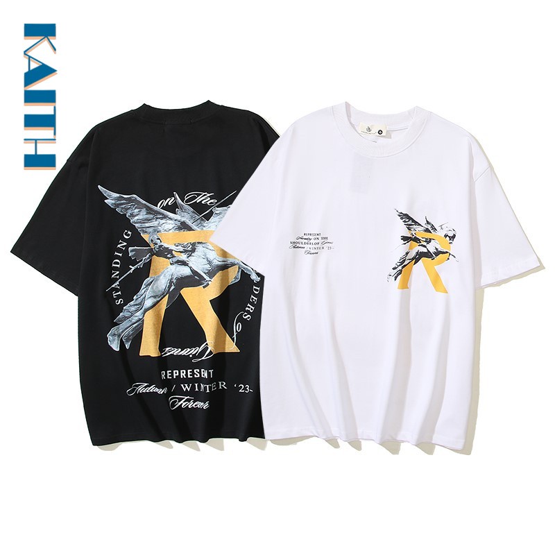 #T4 พร้อมส่ง เสื้อยืดแขนสั้น คอกลม พิมพ์ลายตัวอักษร R แกะสลักหินเพกาซัส ขนาดใหญ่ สีพื้น สไตล์เกาหลี วินเทจ สําหรับผู้ชาย และผู้หญิง พลัสไซซ์