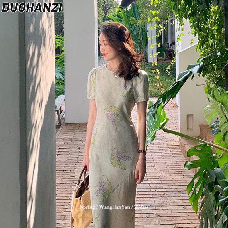Duohanzi ชุดเดรสกี่เพ้า ลายดอกไม้ แบบบาง อ่อนโยน อเนกประสงค์ สําหรับผู้หญิง