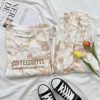 เซ็ท2ชิ้น เสื้อยืดมัดย้อมแขนสั้น + กางเกงขายาว ระบายอากาศได้ดี