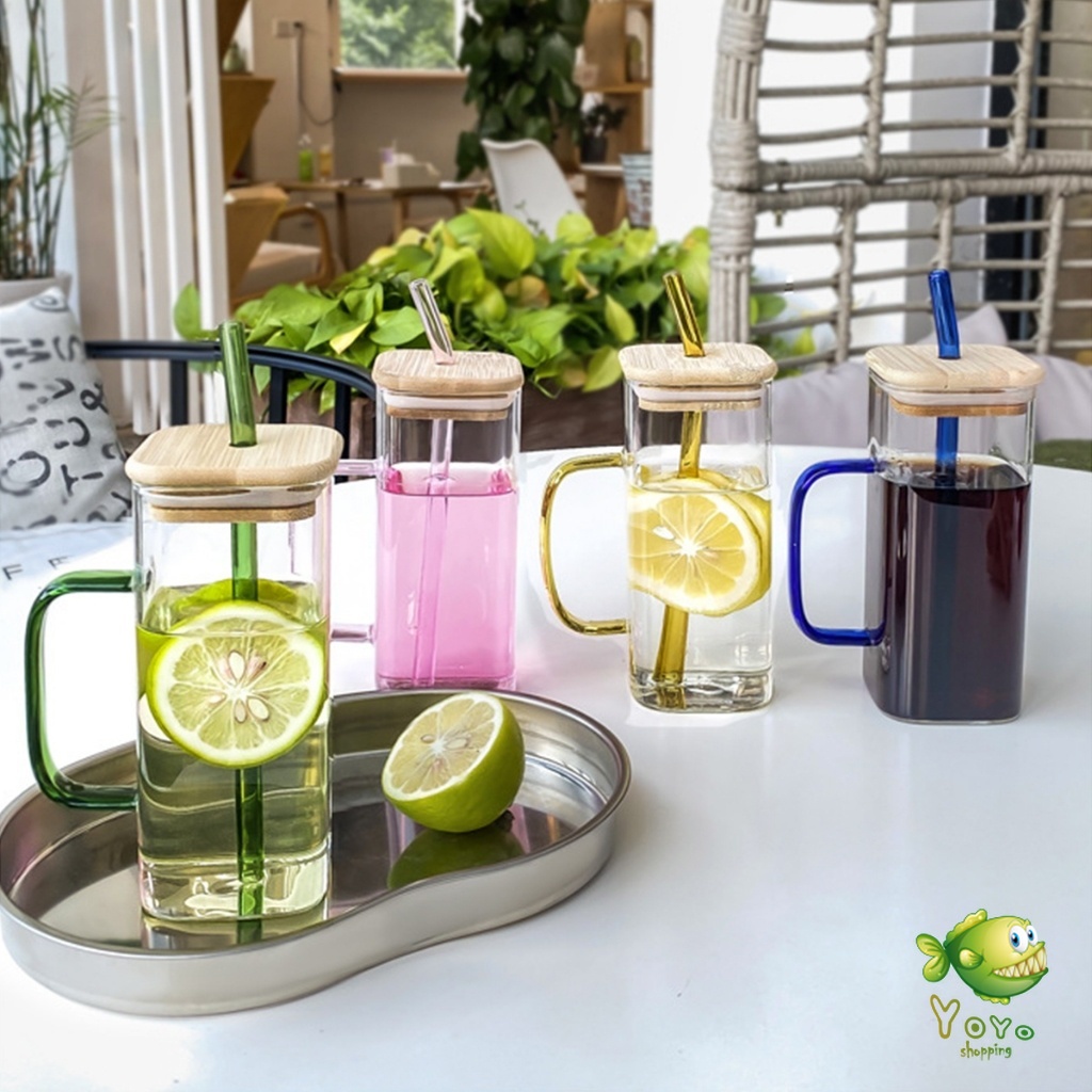 YOYO แก้วทรงสี่เหลี่ยม พร้อมฝาปิด และ หลอดดูด  ถ้วยน้ำผลไม้  400ml Glass coffee cup