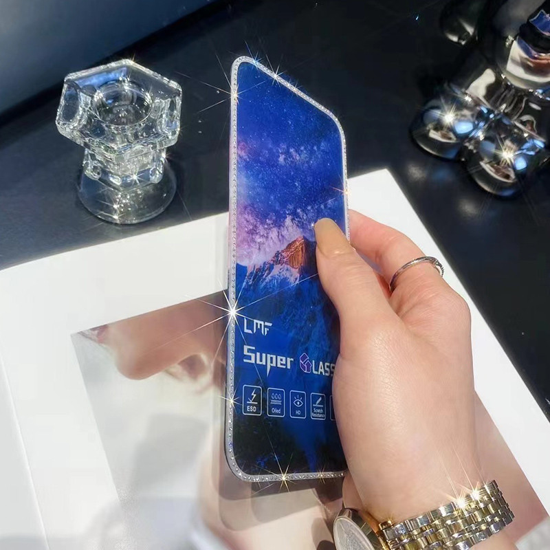 ฟิล์มกระจกนิรภัยกันรอยหน้าจอ เรืองแสง ประดับเพชร หรูหรา สําหรับ iPhone 12 12Pro 13 13Pro Max 15 15Pro 14 14Pro Max 15+ 14+ - รูปที่ 3