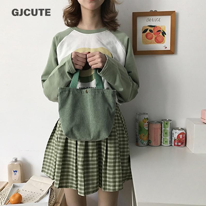 Gjcute กระเป๋าผู้หญิง Corduroy HandBags ถุงอาหารกลางวันแบบใช้ซ้ําได้ Casual Shopping Storage กระเป๋าสไตล์ญี่ปุ่น Vintage สีทึบกระเป๋า WTD
