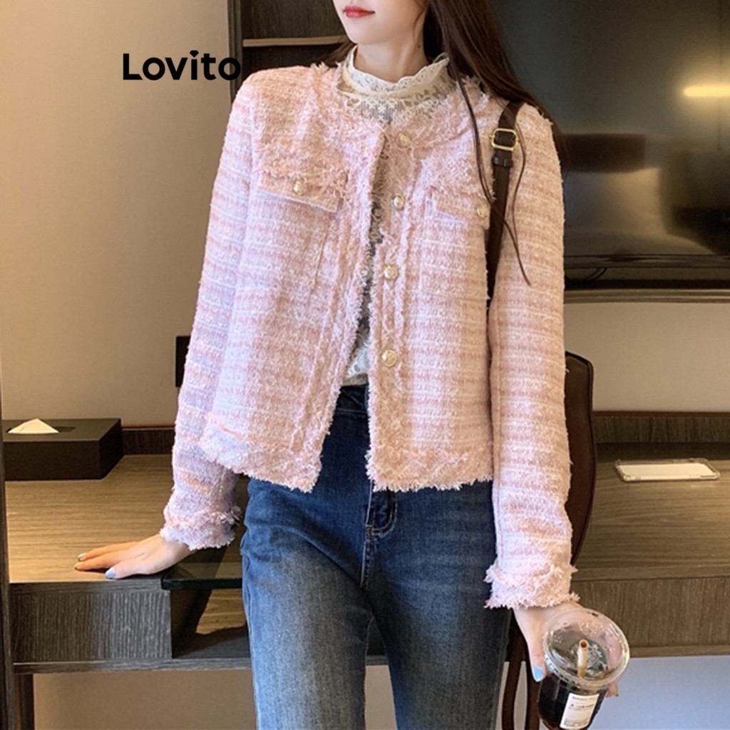 Lovito เสื้อแจ็คเก็ตผู้หญิง แขนยาว สีพื้น สไตล์ลำลอง LNA24209 (สีชมพู)