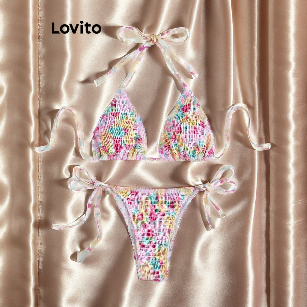 Lovito ชุดเซ็ทบิกินี่ผู้หญิง มีเชือกผูก แต่งสม็อค ลายดอกไม้ สไตล์หรูหรา LNL43036
