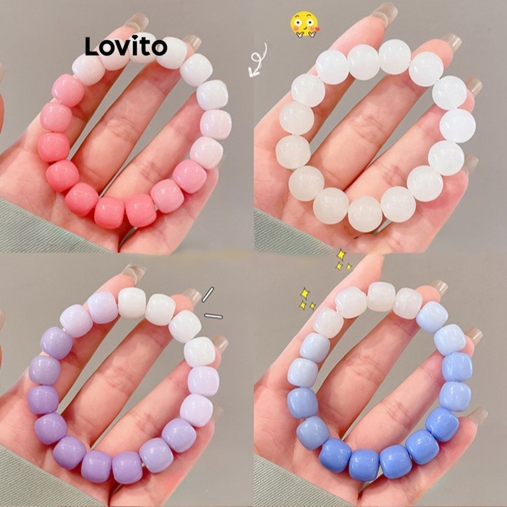 Lovito สร้อยข้อมือผู้หญิง ลูกปัดไล่ระดับสี สีพื้น สไตล์ลำลอง LFA13913