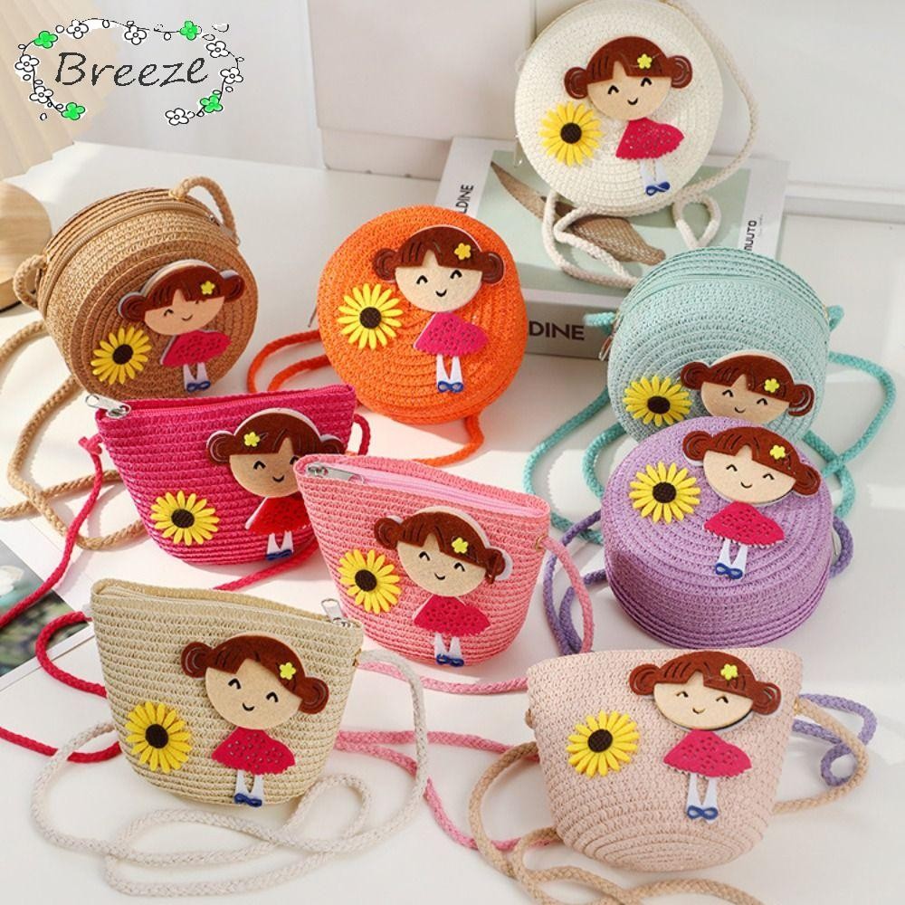 กระเป๋าสะพาย BREEZE, กระเป๋าสะพายข้างขนาดเล็กฟาง, กระเป๋าถือดอกไม้ทนทานเด็กผู้หญิง