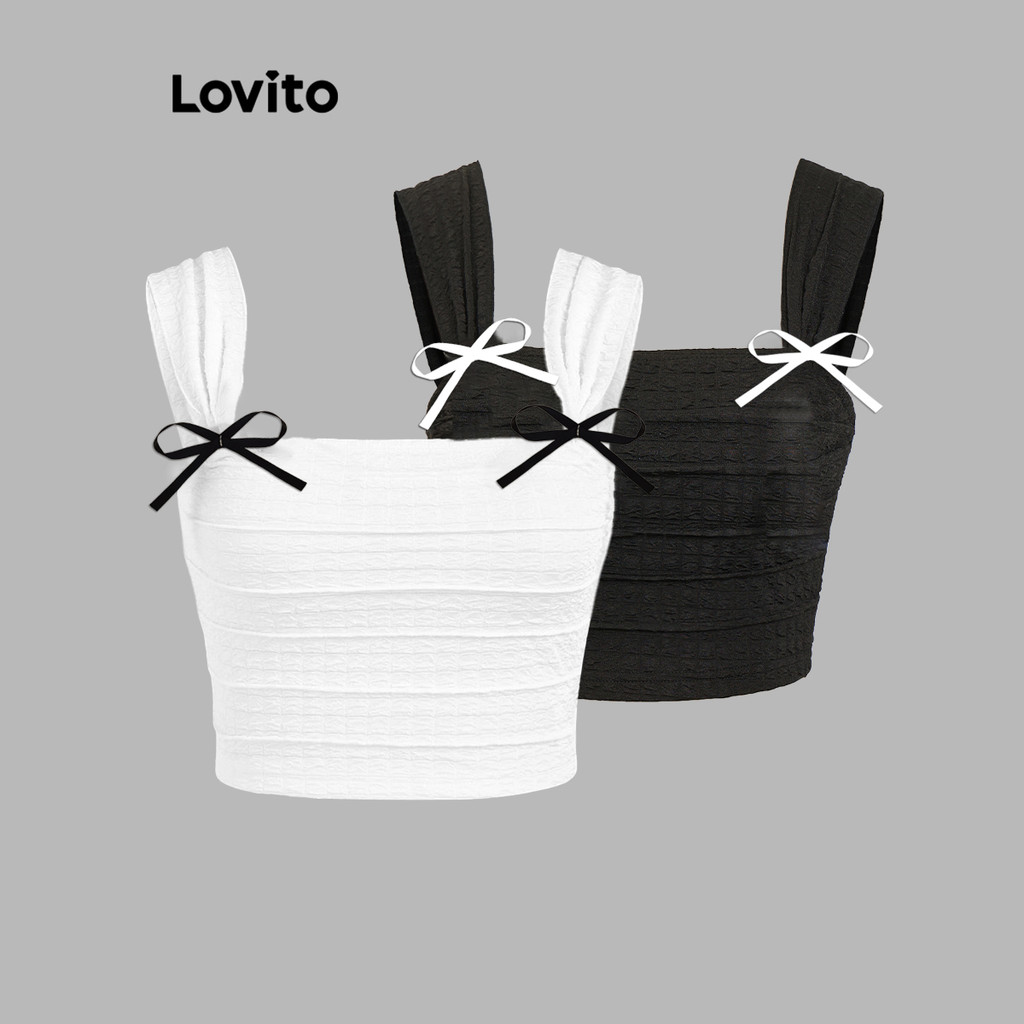 Lovito เสื้อแขนกุดผู้หญิง ผ้าลายริ้ว สีพื้น แต่งโบว์ สไตล์น่ารัก L76AD204(หลากสี)