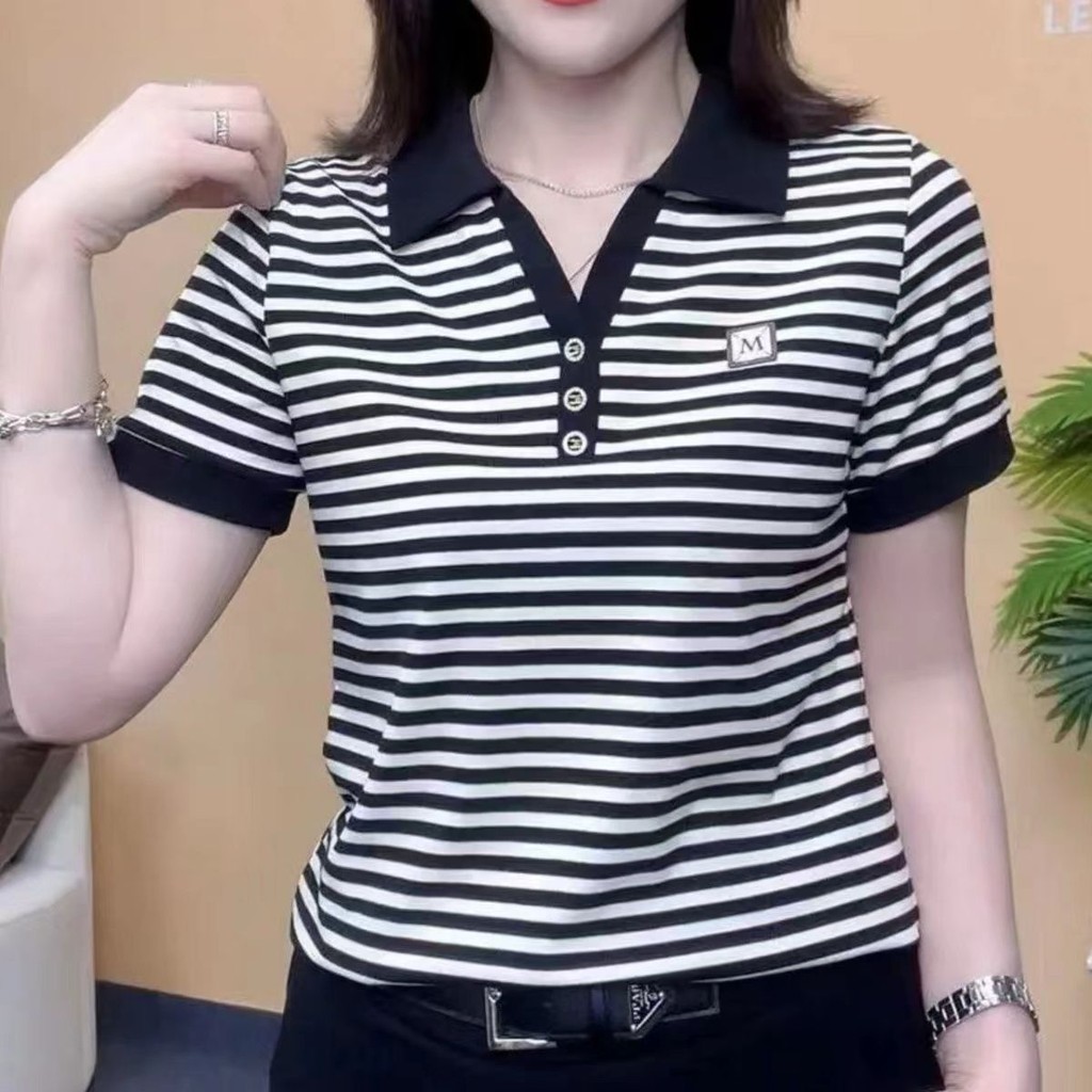ฤดูร้อนใหม่เสื้อยืดแขนสั้นปกลายด้านบน