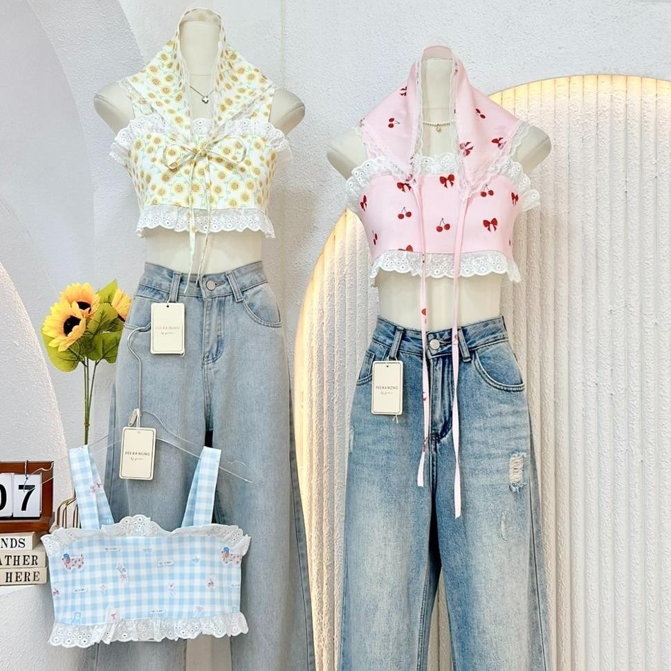 KN.Clothes เสื้อครอปสายเดี่ยว + ผ้าโพกหัว แต่งลูกไม้ Pee Ka Nong