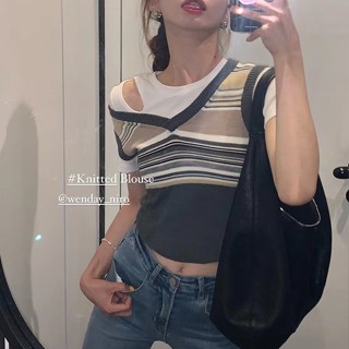 Miss AB Bella เสื้อกั๊ก คอวี ผ้าถัก ลายทาง สีตัดกัน สไตล์อเมริกัน ฤดูร้อน สําหรับผู้หญิง XQZF