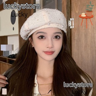 Lucky หมวกเบเร่ต์ ผ้าฝ้าย และผ้าลินิน ประดับไข่มุก หรูหรา สไตล์เกาหลี สําหรับผู้หญิง