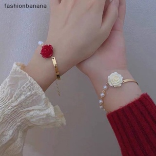 [fashionbanana] สร้อยข้อมือโลหะ รูปดอกกุหลาบ ประดับมุกเทียม หรูหรา เครื่องประดับ สําหรับผู้หญิง พร้อมส่ง