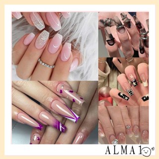 Alma เล็บปลอม แบบยาว กลิตเตอร์ สีชมพู ดาว สีม่วง คริสตัล ถอดออกได้ DIY