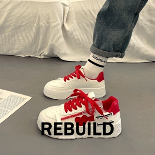 REBUILD รองเท้าผ้าใบผู้หญิง สีขาว พื้นหนา รองเท้าผ้าใบส้นสูงส้นหนา รองเท้าแฟชั่น ผูกเชือก 2023 NEW FYD23904U2 36Z230906