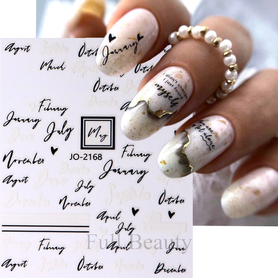 สติกเกอร์ติดเล็บ ลายกราฟฟิติค คลื่นภาษาอังกฤษ มีสีดํา สีขาว
