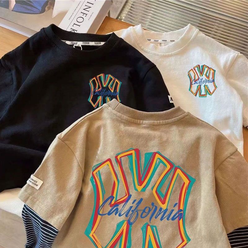 【Boy Tshirt】เสื้อยืดแขนยาว ผ้าฝ้าย 100% พิมพ์ลายทาง ทรงหลวม สไตล์เกาหลี (1-13 ปี)