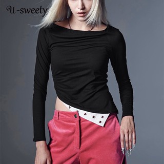 U-sweety ใหม่ เสื้อยืดลําลอง แขนยาว คอปก ทรงสลิมฟิต แฟชั่นสําหรับสตรี 2023