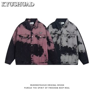 Kyushuad เสื้อแจ็กเก็ตยีน คอปก ทรงหลวม สไตล์ฮิปฮอป สีมัดย้อม