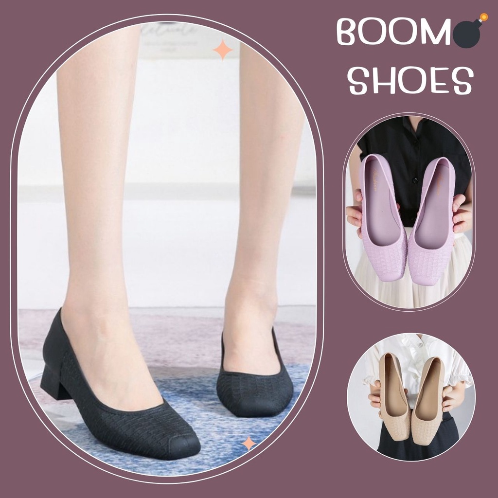 BOOM รองเท้าคัชชู ทรงส้นเตี้ยหัวเหลี่ยม สีพื้น 3 สี เบอร์ 5 ไซส์