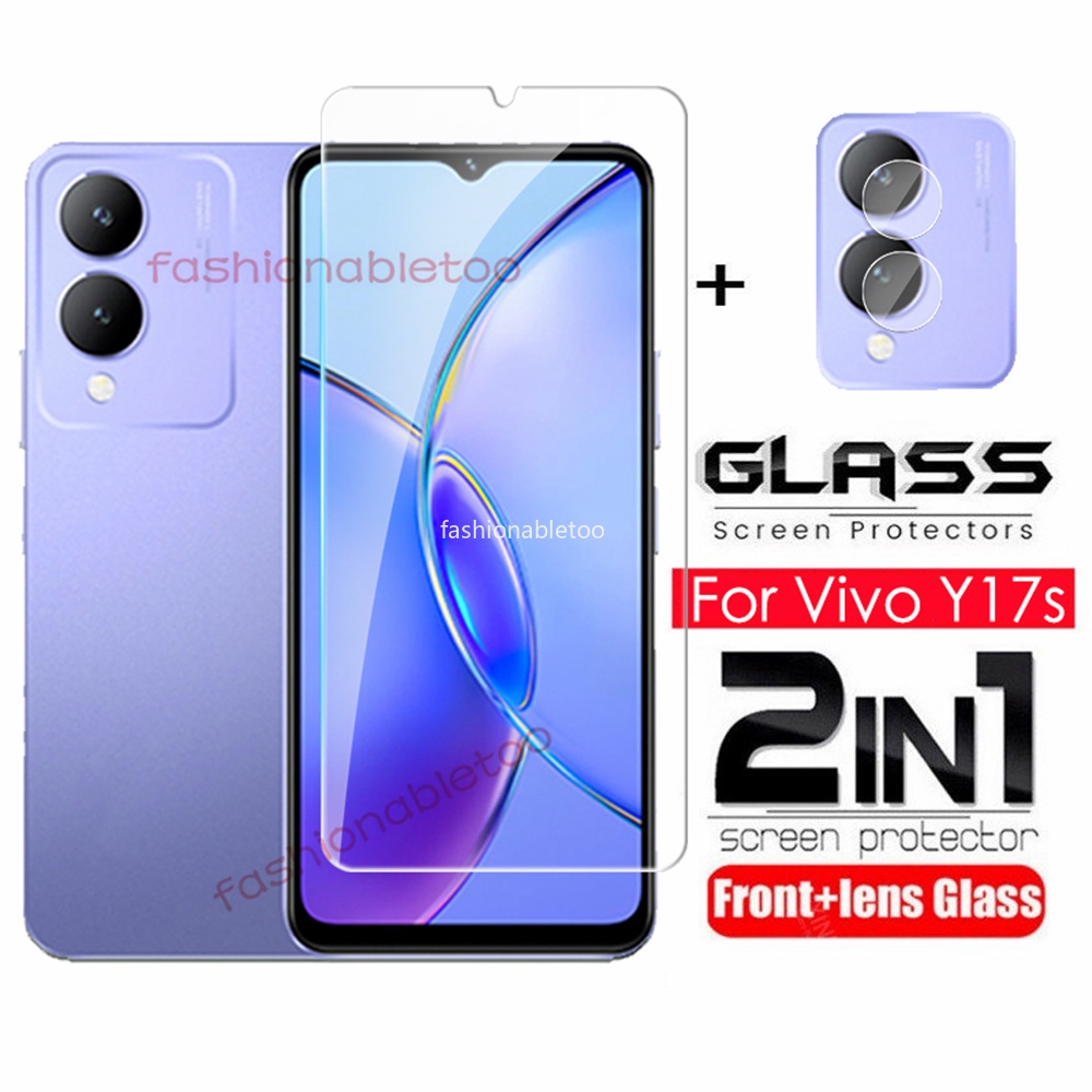 2 in 1 ป้องกันหน้าจอกระจกนิรภัยฟิล์มสําหรับVivo Y200 Y17s Y 17s Y17 s VivoY17s Y100 Y 200 Y 100 Y03 Y 03 Y18s Y28 กล้องกลับเลนส์ป้องกันกระจกคลุมทั้งหมดฟิล์มด้านหน้า