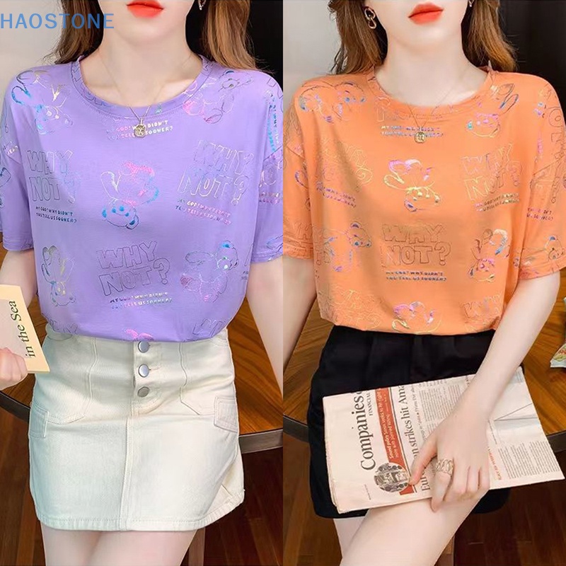 [HSNE] เสื้อยืดคอกลม แขนสั้น พิมพ์ลายหมี ทรงหลวม แฟชั่นฤดูร้อน สําหรับผู้หญิง MCL