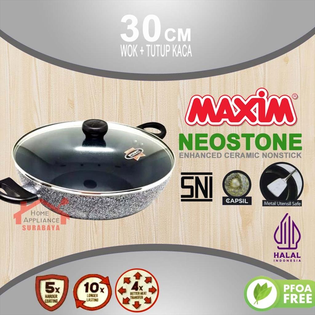 MAXIM NEOSTONE Panci Wajan 30 CM - Wok Pan 30CM + Tutup Kaca Anti Lengket