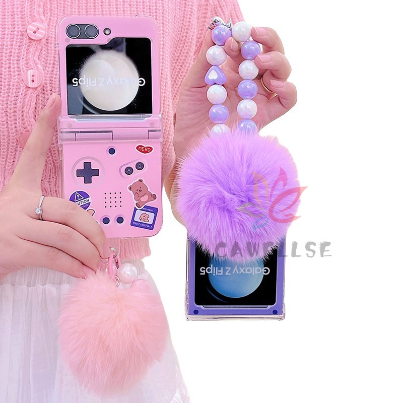 น่ารัก Girly คอนโซลเกมการ์ตูนปลอกโทรศัพท์ใส Samsung Galaxy Z Flip 5 Z Flip 4 Z Flip 6 พร้อมสร้อยข้อมือ Hairball บานพับเต็มกันกระแทก Hard PC กลับกรณี Flip3 Flip4 Flip5