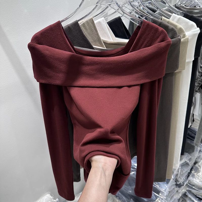 เสื้อยืดแขนยาว ผ้ากํามะหยี่ขนนิ่ม แบบเข้ารูป สไตล์มินิมอล แฟชั่นฤดูใบไม้ร่วง และฤดูหนาว สําหรับผู้หญิง