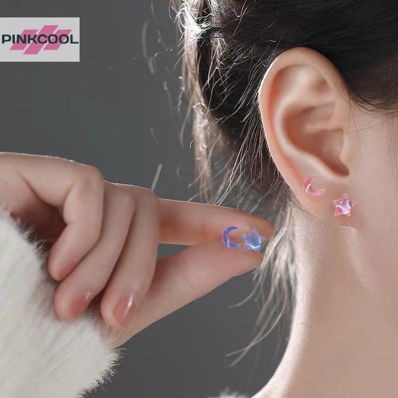 Pinkcool ชุดต่างหูสตั๊ด รูปดาว ดวงจันทร์ สีชมพู สีม่วง น่ารัก เครื่องประดับ สําหรับผู้หญิง Y2K ขายดี