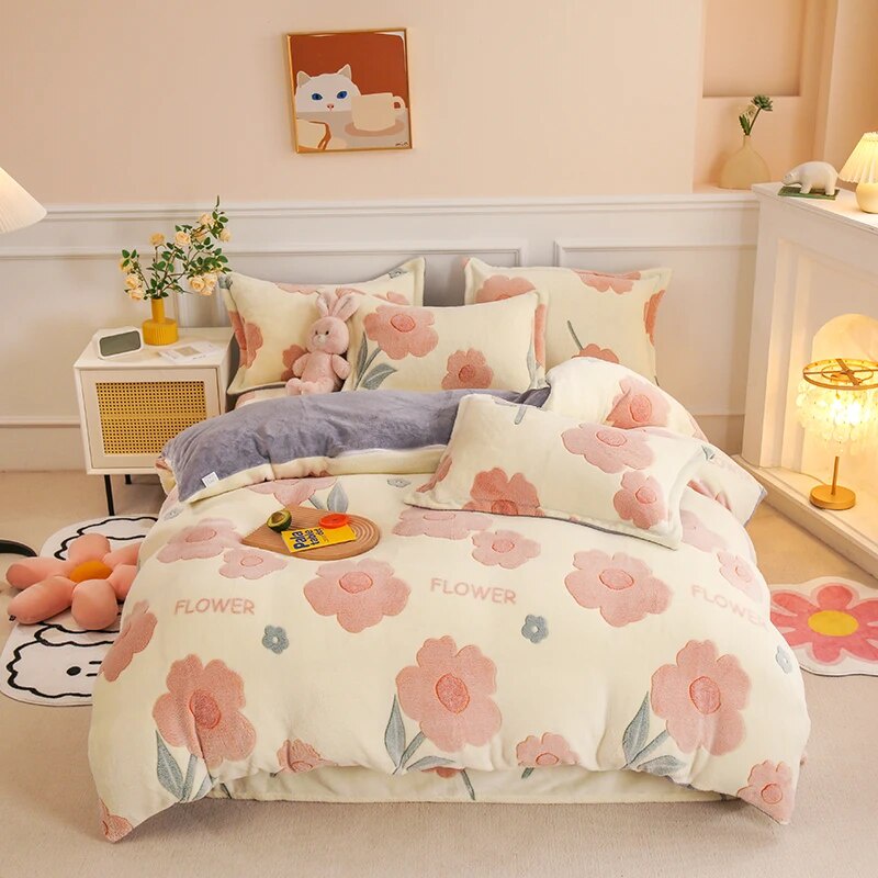 Thick Fleece Warm Flannel Coral Winter Duvet Cover Double Sided Velvet Bedding Set Single Double Que