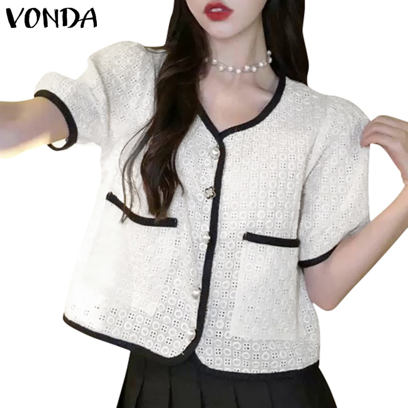 Vonda เสื้อเบลเซอร์ คอกลม แขนสั้น เปิดด้านหน้า ขนาดเล็ก สไตล์เกาหลี สําหรับผู้หญิง