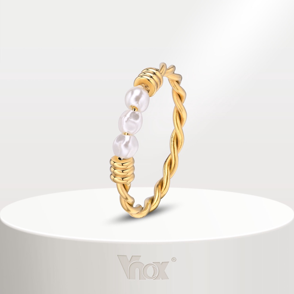 Vnox แหวนสเตนเลส 18K ประดับไข่มุก เครื่องประดับแฟชั่น สําหรับผู้หญิง